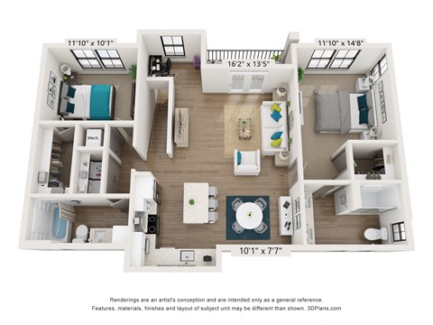 Floor plan for 2 beds, 2 baths, 1283 sqft